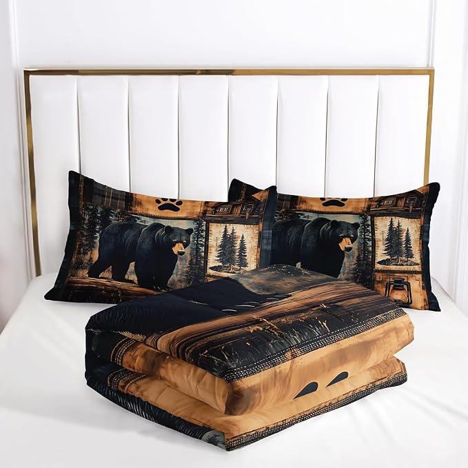 AILONEN Black Bear Comforter Set Twin Size,Rustic Bear Bedding Set for Kids Boys Girls,3-Piece Wildlife Themed Hunting Comforter with 2 Pillowcases