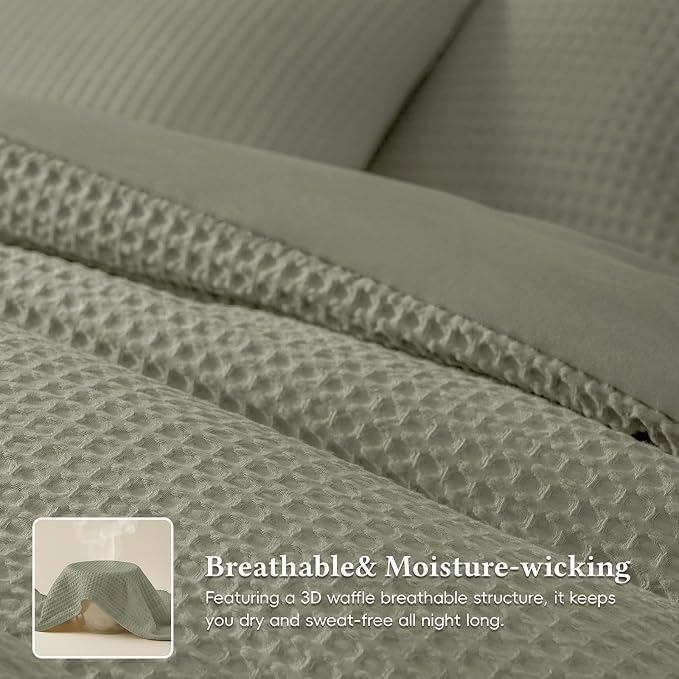 David's Home Waffle Weave Comforter Set 3PCS King Size, Soft Breathable Lightweight Cozy Skin-Friendly Warm for All Season, Elegant Aesthetic Home Decor Bedding Set with Pillow Shams, Dusty Sage
