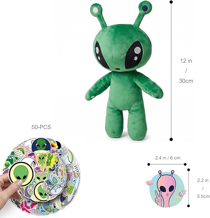 51-PCS Alien Plush Toy Set | 1 Green Alien Plush + 50 Space Themed Stickers | DIY Cosplay Ultra Soft Stuffed Alien Creature Figure | Cute Stuffed Animal Pillow | Ideal Gift for Sci-Fi Lovers Decor