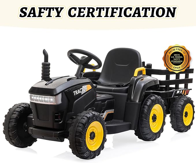 TOBBI Kids Electric Ride On Toy Tractor, Toddlers 12V Battery-Powered Car to Drive, 35W Dual Motor 6-Wheels Trailer Vehicle with 3-Speeds/LED & Horn Functions for Chirdren Aged 3-8-Black