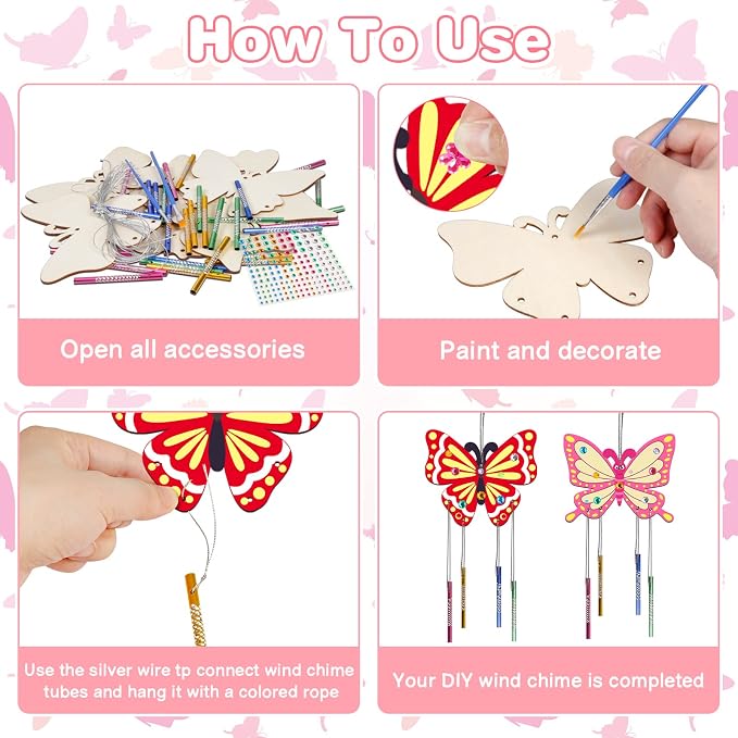 Fennoral 8 Pack Butterfly Wind Chime Kits for Kids Make Your Own Butterfly Wind Chimes Wooden Arts and Crafts Ornaments DIY to Paint Butterfly Craft for Summer Art Activity Birthday Gift Decoration