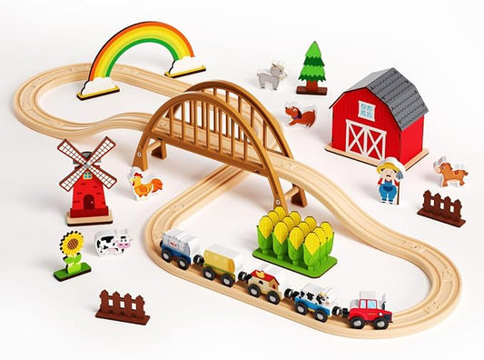 Wooden Farm Train Set,Toddler Toys,Train Set for Toddlers 3-5,Magnetic Train Toys,with Plastic Tracks Compatible with Major Brands Expandable，Sensory Toys for Kids,Ideal Gifts Boys, Girls