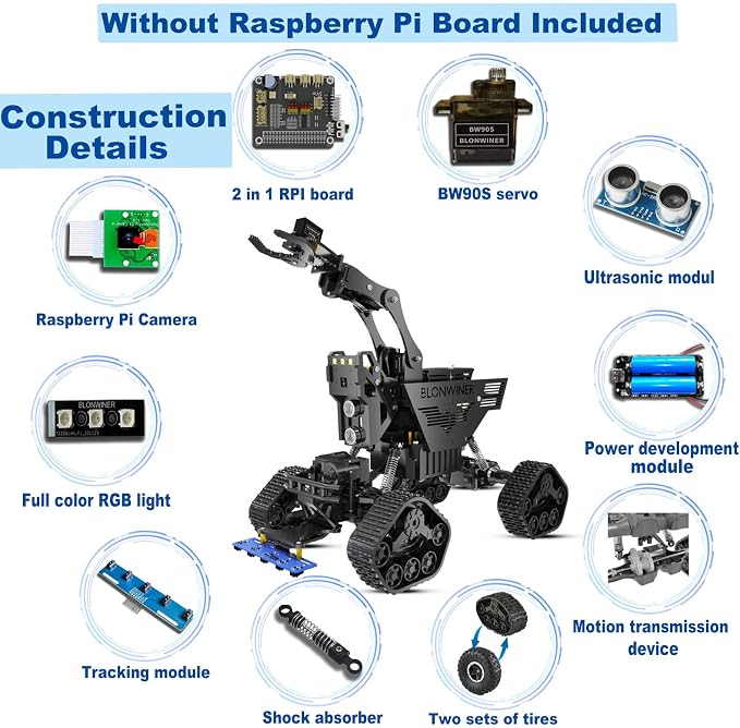 Robot Car Kit, 2 in 1 Smart Robotics Arm Building Toy for Raspberry Pi Python Coding, STEM Programming Tank Kits with Camera (Without RPi Board)
