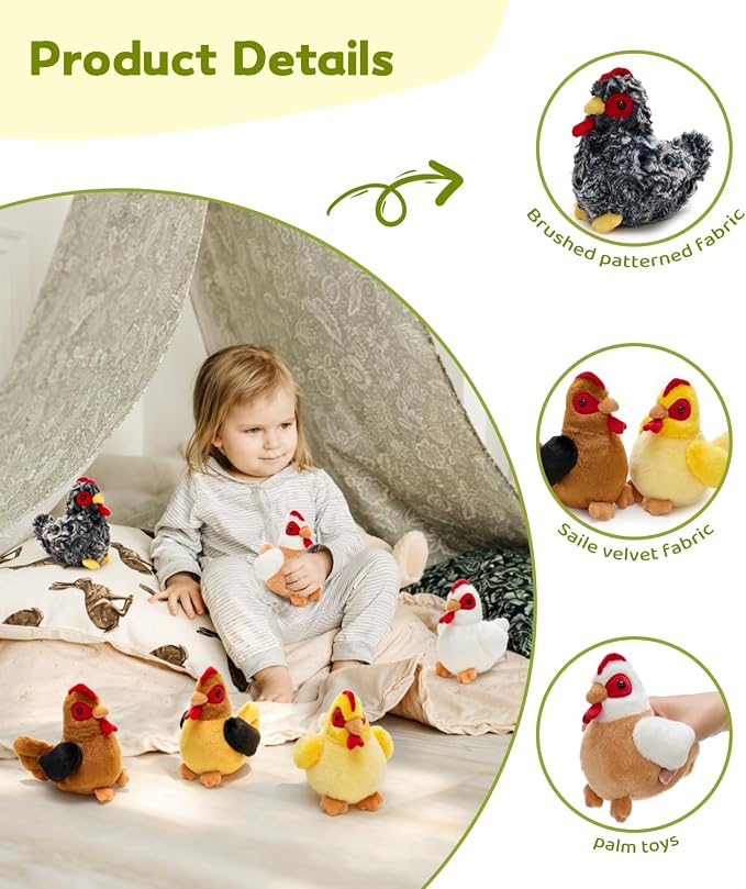 Tezituor Set of 6 Chicken Plush Toys, 6 inch Soft Stuffed Chickens Bulk in Assorted Colors, Cute Farm Animal Plush Set, Ideal for Kids, Gifts & Nursery Decor