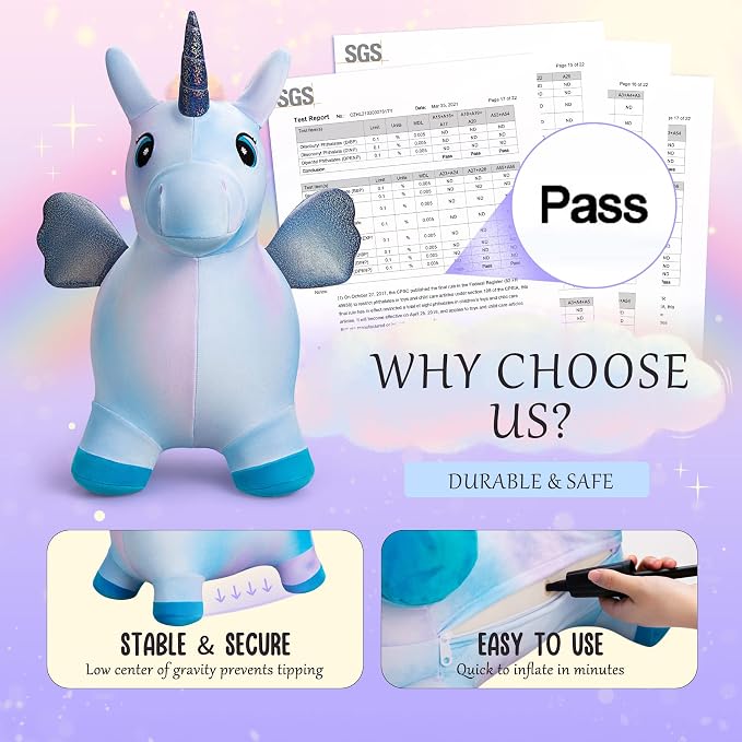 Unicorn Horse Hopper, Inflatable Plush Animal Hopping Toy, Bouncing Riding Hopper for Toddlers, Outdoor Indoor Jumping Toys for Boys Girls, Birthday Gifts for 18 Month 2 3 4 5 W/Free Pump