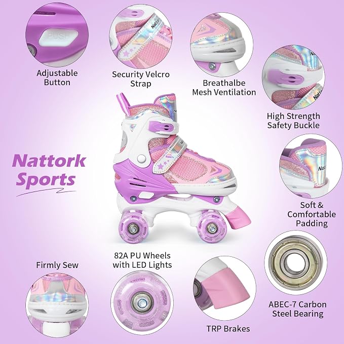 Nattork Kids Roller Skates for Boys Girls Kids, 4 Sizes Adjustable Quad Skates with All Light up Wheels - Birthday Gift for Indoor Outdoor Sports