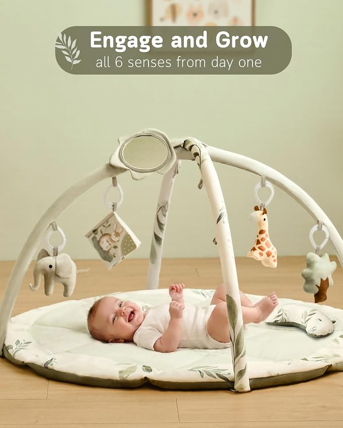 Fortella Baby Play Gym & Activity Mat, Machine Washable & Foldable Tummy Time Mat with 5 Detachable Toys, Certified Safe Newborn Essentials Gift for Baby Registry 0-12 Months (Sage Green)