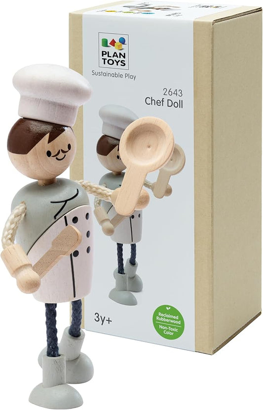 PlanToys® Wooden Chef Doll | Poseable 1:12 Scale Character Figure for Dollhouse Play, Cooking Scenarios & Social Interaction | Eco Friendly Montessori Pretend Play Figure