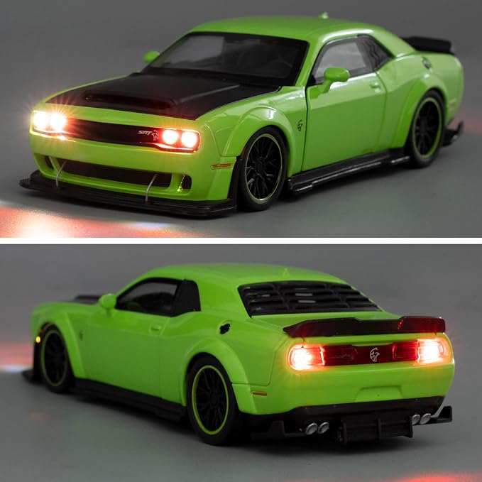 WAKAKAC Toy Cars Compatible for 1:32 Dodge Challenger SRT Hellcat Model Cars, Pull Back Die-cast Vehicles, Collectible Cars with Sounds＆Lights for Kids Boys Girls and Adults, Gift Green