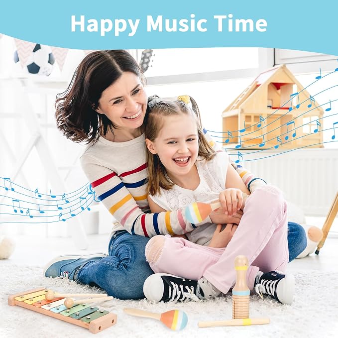 ZJEFUNS Baby Musical Instruments Set Wooden Montessori Toys for Toddlers 1-3 Percussion Instruments Set Modern Boho Music Toys for Kids Preschool Educational.