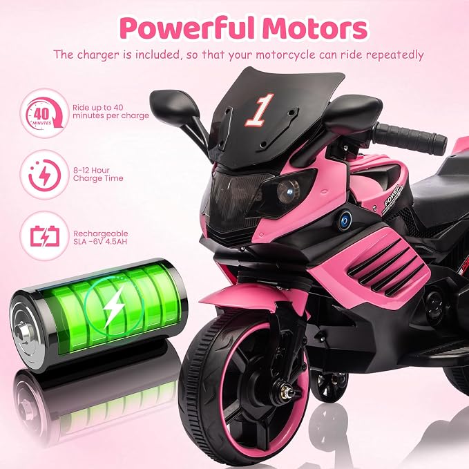 Garvee Kids 6V Ride On Motorcycle, Battery Powered Ride On Toys w/Treaded Tires, Working Headlight, Horn, Music, Training Wheels, Stable Electric Toddler Motorcycle for Kids, Gift for Boys Girls, Pink