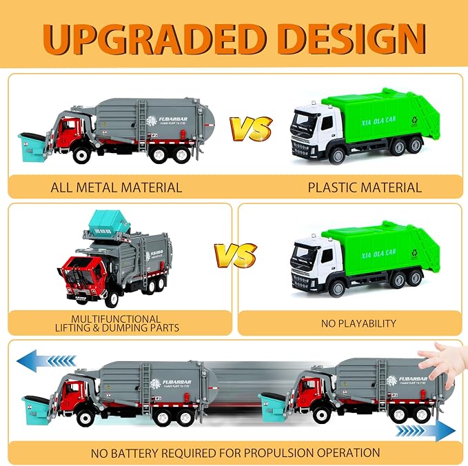 FUBARBAR Truck Toy Model – 1:43 Diecast Metal Garbage Recycling Waste Transport Truck with Trash Bin, Pull Back Model Car Toy for Kids 4-6 Age Boys Birthday Gift (Grey)