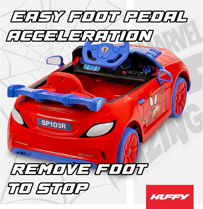 Huffy Marvel Spiderman 12V Ride-On Car, Ages 3–5, Parent Remote Control, Forward & Reverse, Realistic Sounds, Spidey and His Amazing Friends, Max 2.8 MPH