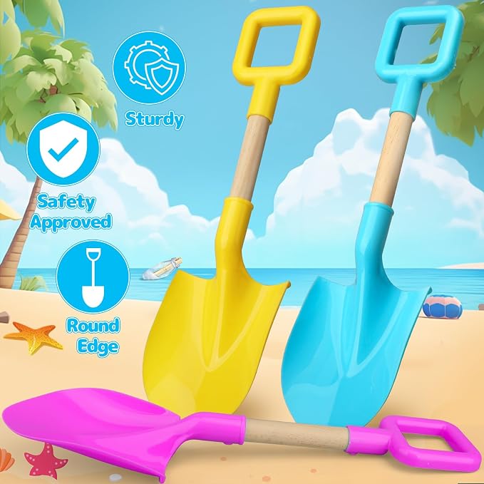 Umnodobn Beach Sand Toys 16" Shovels for Kids Adults, 16 Inch Spade Scoop Gardening Tools, Sandbox Kit Wood Handle Spade for Garden Outdoor Snow Backyard Summer 3 Gift Pack Pink Yellow Blue