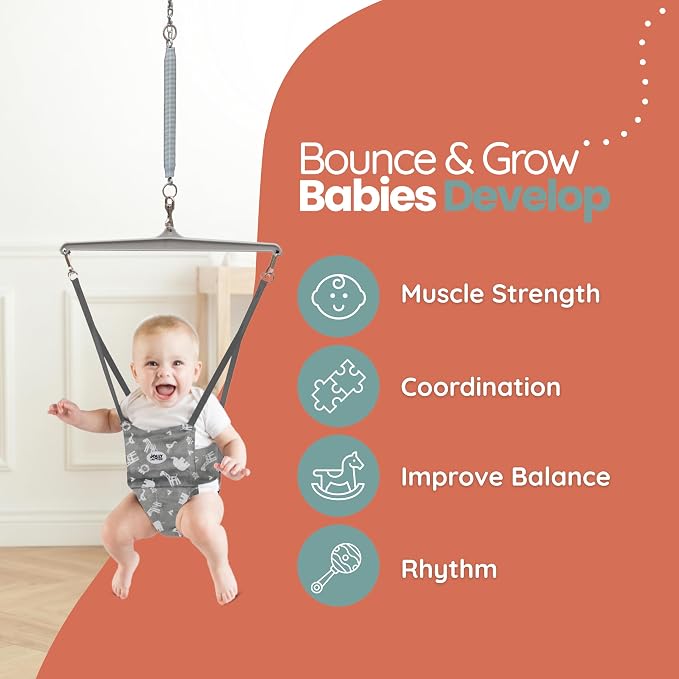 Jolly Jumper Iconic (Grey Safari), Doorway Baby Jumper, Indoor Exercise Saddle Seat, Adjustable Height, for Infants up to 28lbs, Black, No Stand Required