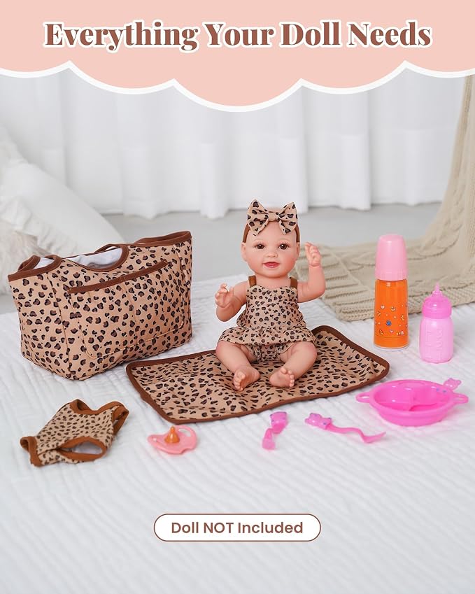 BABESIDE 13 PCS Baby Doll Clothes and Accessories for 10-12 inch Dolls, Baby Doll Feeding and Care Set with Carry Bag, Bottles, Tableware, Baby Doll Outfit for Doll Girl Boy (Leopard Pattern)