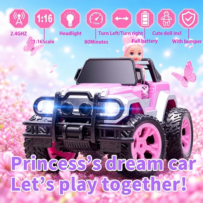 Remote Control Car for Girls, Pink RC Car with Doll and Sticker for Ages 6-10 Years Old Girls, 1:16 Scale 2.4Ghz,OX11S Perfect Christmas Birthday Gifts for Grils