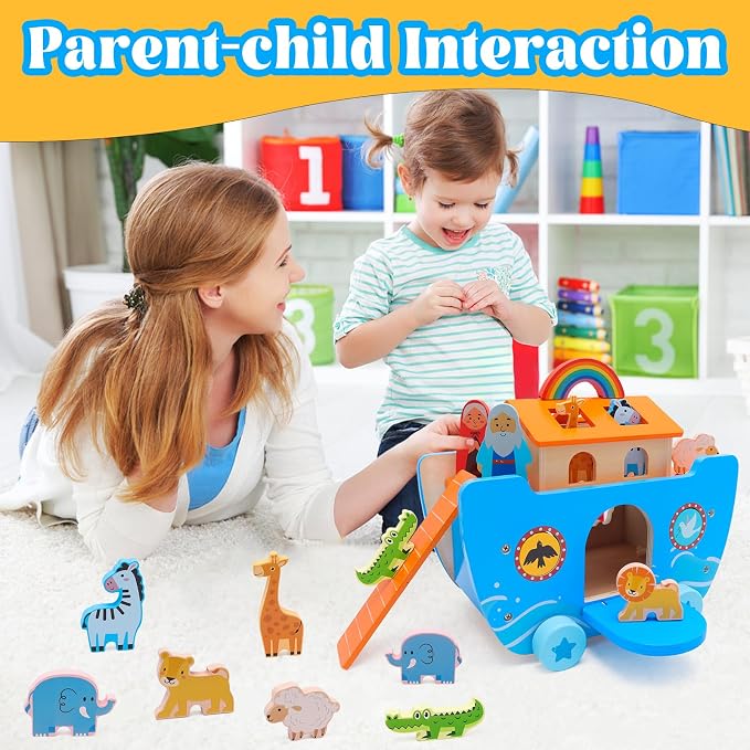 Yelakey Wooden Noah's Ark Toy Baptism Gifts for 1 2 3 4 Years Old Baby Boy and Girl Montessori Educational Toy for Toddlers with Bible Story Animal Shape Sorter