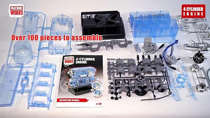 Machine Works Build Your Own Visible Model Engine Toys - Replica Model Building Kit 100+ Pieces- Features Working Sounds and Illuminiation, Internal Combustion Mechanics, Physics, STEM (4-Cylinder)