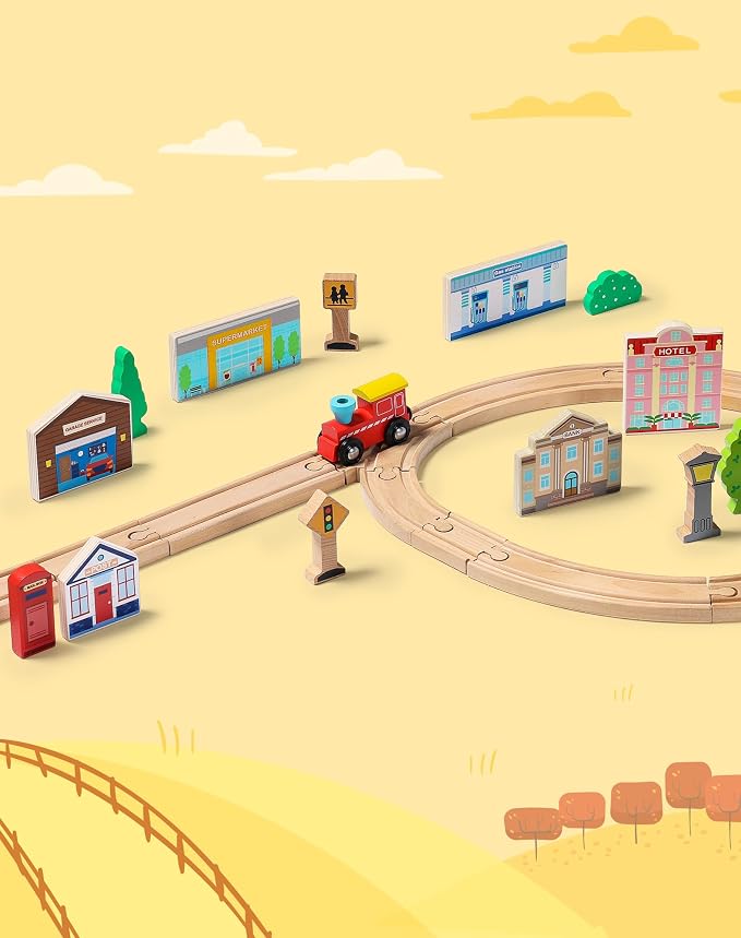 SainSmart Jr. 30 Pcs Wooden Town Play Set, Wooden Train Accessories, Community Helpers Toys for Preschool Learning | Includes Buildings, Traffic Signs and Trees | Gift for Boys and Girls