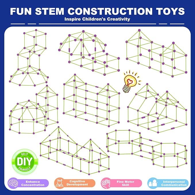 Glow In The Dark Fort Building Kit for Kids Age 4, 5, 6, 7, 8+ Years Old, STEM Building Toys for Indoor Outdoor, kids Creative Construction Toys Set, Christmas Birthday Gifts for Boys & Girls, 140 Pcs