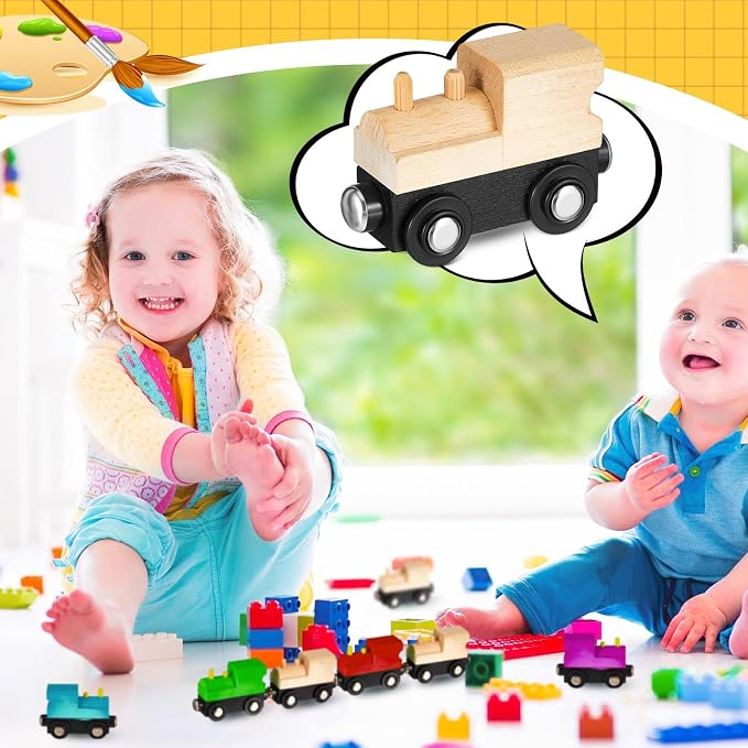 Halloscume 20 Pcs Unfinished DIY Wooden Trains Magnetic Unpainted Wooden Train Cars Toys for Railway Paint Project, Birthday Party Decorations Back to School Crafts Gifts Supplies (Classic)