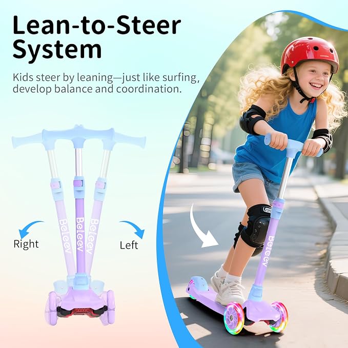 BELEEV Scooters for Kids 3 Wheel Kick Scooter for Toddlers Girls Boys, 4 Adjustable Height, Lean to Steer, Light up Wheels, Extra-Wide Deck, Easy to Assemble for Children Ages 3-12