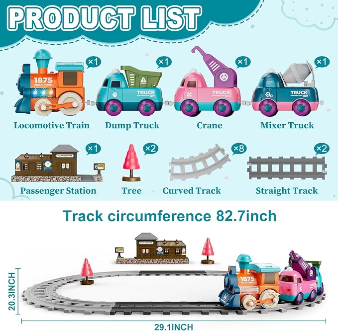 Lipneaed Train Set for Toddlers, Magnetic Train Toys for Toddlers 3+, 4pcs Trucks Toy Train for Boys and Girls, Birthday Christmas Toy Gifts for 3+ Years Old