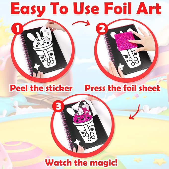 FUNNYB&G Foil Art Craft Kit for Girls 4-10 Years Old: Mess-Free & No-Glue, Create 16 Sparkly Food Pictures – Perfect Travel Toy & Birthday Gift for Kids (Food)