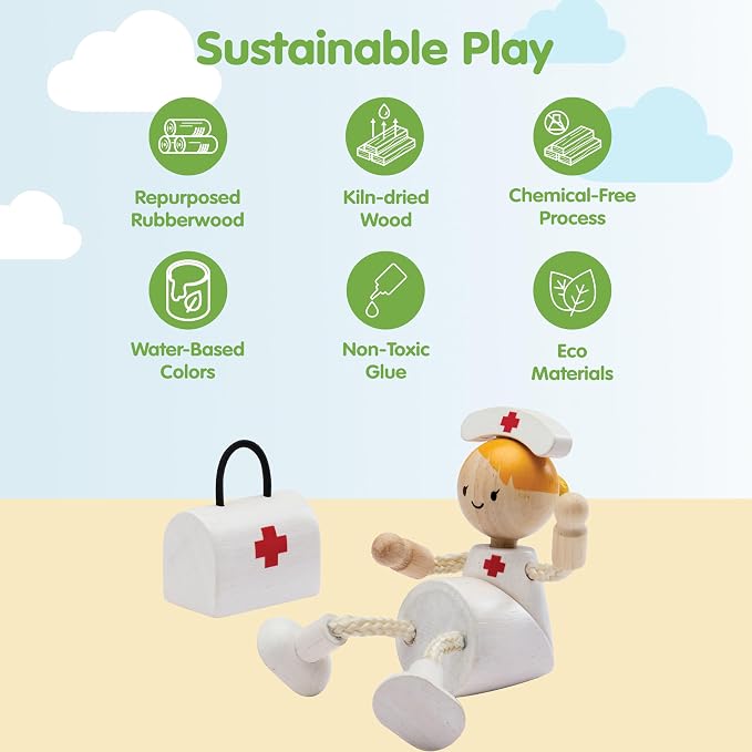 PlanToys® Wooden Nurse Doll | Poseable 1:12 Scale Character Figure for Dollhouse Play, Caregiving & Social Interaction | Eco Friendly Montessori Pretend Play Figure