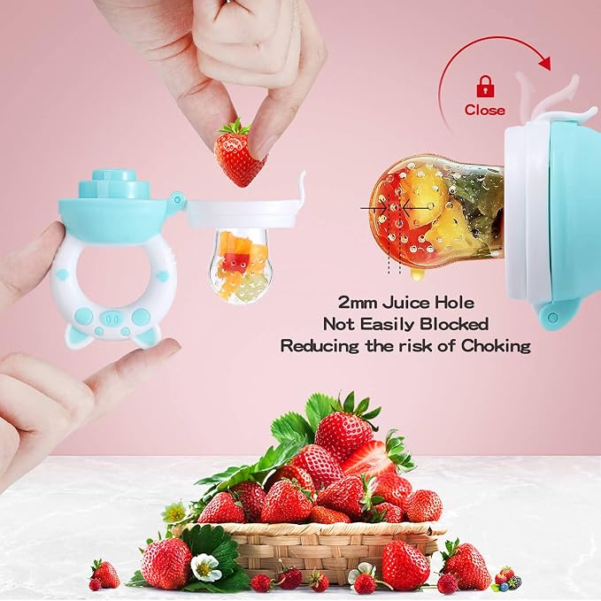 Baby Fruit Food Feeder Pacifier, Green & Gray, 2-Pack | Fresh Teething Pacifiers, 6 Pcs Silicone Pouches, For 3-24 Months, Piggy Handle