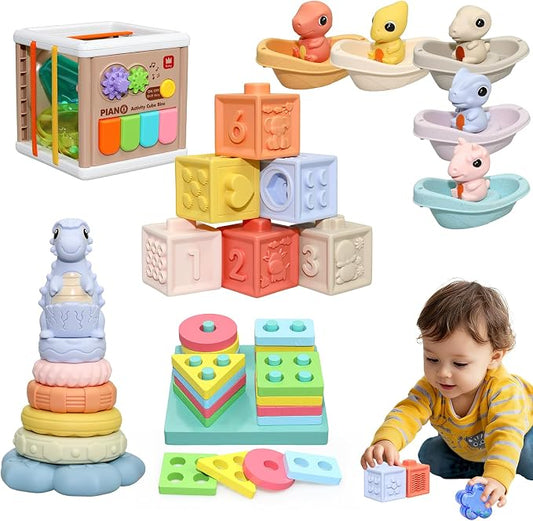Baby Montessori Toys 6-12 Months, 5 in 1 Sensory Learning Set with Stacking Blocks, Shape Sorter, Bath Toys, Activity Cube, Dinosaur Stacker Educational Toddler Gifts for Boys Girls