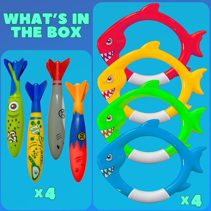 Haktoys Shark Dive Rings & Torpedo Pool Toys for Kids & Toddlers, Sinking Diving Toys for Swim Training, Underwater Pool Games with Fish Rings & Torpedoes, Summer Water Toys for Boys & Girls