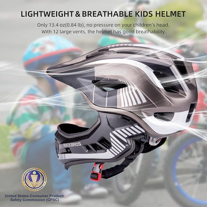 ROCKBROS Kids Full Face Helmet Kids Bike Helmets Lightweight Toddler Mountain Bike Helmet Detachable for MTB BMX Skating Cycling Scooter Safety Bicycle Helmets for Youth Child Boys Girls Ages 3-16