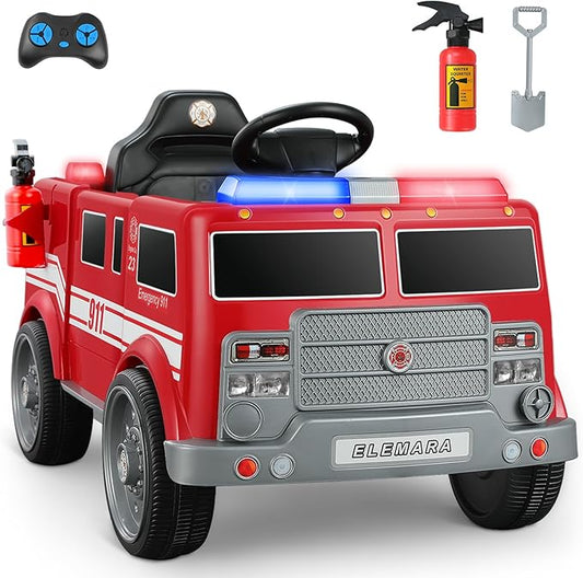 ELEMARA 12V Ride on Fire Truck, Battery Powered Toddler Electric Vehicle w/Parent Remote Control,Ride on Car for Kids,Siren-Call,walkie-talkies, Flashing Lights,Fire Extinguishers, Bluetooth,Music,UBS