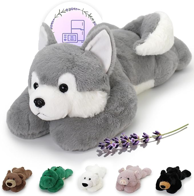 OSOCU® Microwavable & 1.8 LB Weighted Stuffed Animal - Grey Husky Heating Pad with Lavender & Tourmaline - Soothing Warm Heatable Plush Toy for Menstrual Cramps, Muscle Aches, Shoulder Tension