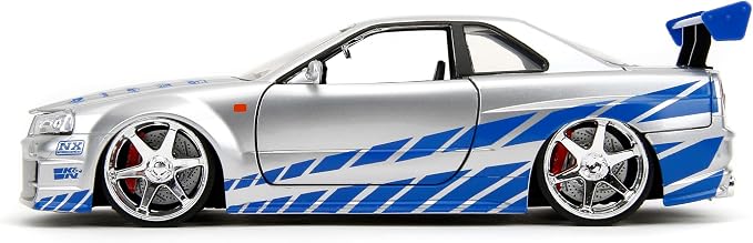 Jada Toys Fast & Furious Brian’s 2002 Nissan Skyline R34 Die-cast Car, 1:24 Scale, Silver & Blue