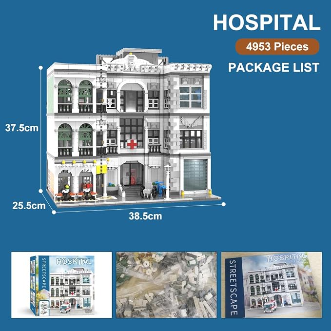 2-in-1 City Emergency Hospital Building Kit, MOC Street View Architecture 3 Levels Modular Buildings with 17 Figures, Construction Sets Ideas Present for Adults (4953 Pcs)