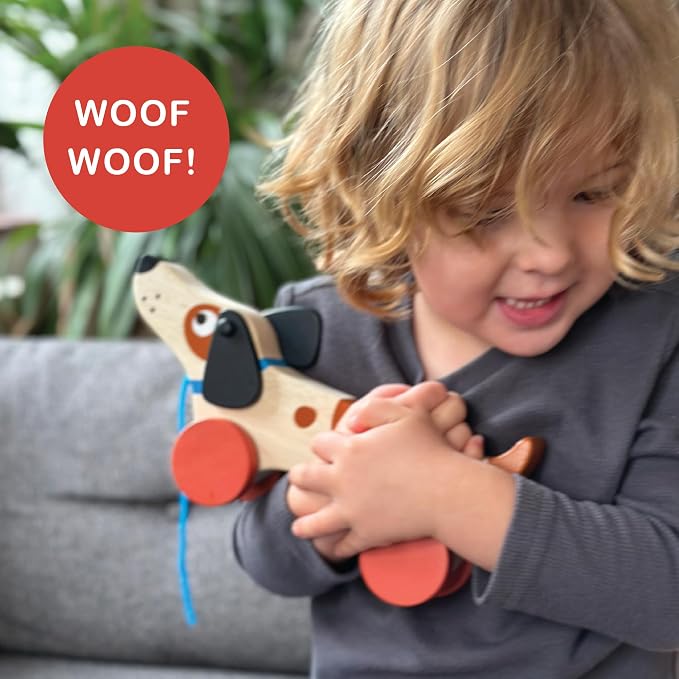 Mentari Toys - Puppy on Wheels - Wooden Dog Pull Toy for Toddler Walking for 18M+ Boys and Girls - Sustainable Rubberwood - Educational Motor Skills & Imaginative Play - Gift for Preschoolers