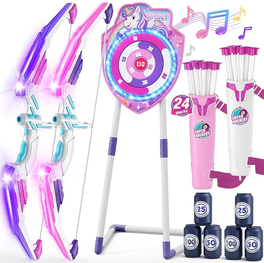 HYES 2 Pack Bow and Arrow for Kids, LED Light Up Unicorn Archery Set with 24 Suction Cup Arrows, 1 Standing Glow Target, 6 Score Targets & 2 Quivers, Indoor Outdoor Sport Toys for Girls Ages 4-12