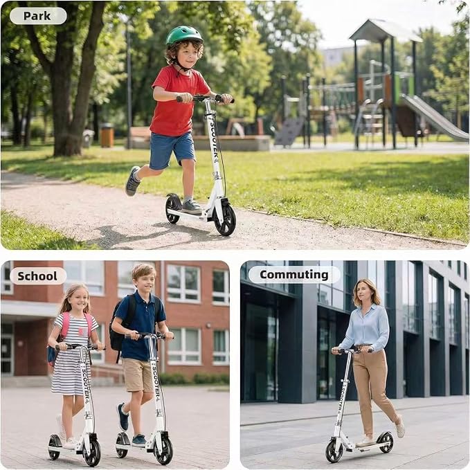 Non-Electric Scooters for Kids 8-12, Teens & Adults - Foldable Commuter Scooter with 8" Wheels, Bell, Hand Brake & Adjustable Height 30"-40.5", 220LB Capacity, Manual Push Scooter for Campus & Park