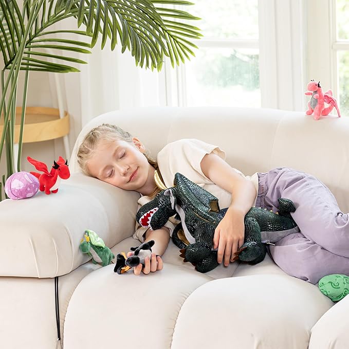 7Pcs Giant Dark Green Dragon Plush Toy, 21.7" Big Mother Dragon Stuffed Animal with 4 Babies & 2 Eggs, Stuffed Dinosaurs for Kids Boys Girls, Cute Soft Plushies Gift for Birthday Christmas