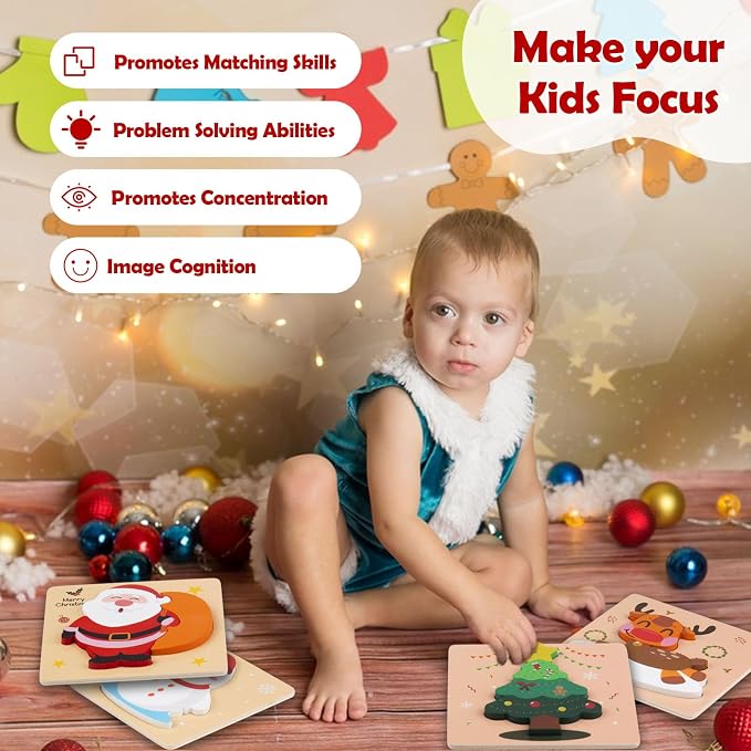 Christmas Wooden Puzzles for Toddlers, Baby Jigsaw Puzzles for 1 2 3 Years-Old Boys and Girls, Set of 4 Montessori Toys with Large Pieces Safe for Kids