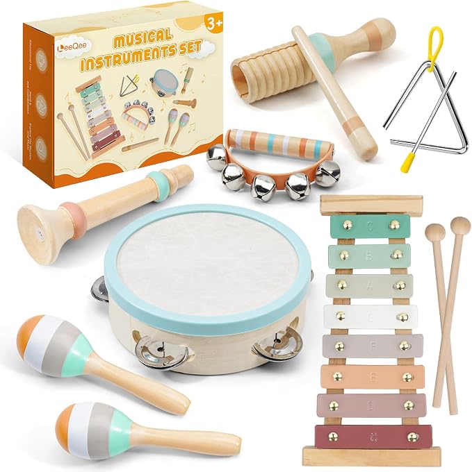 LeeQee Montessori Toys for Boys and Girls - Wooden Toys Baby Musical Instruments, Neutral Colors Percussion Instruments Set with Modern Boho Xylophone for Toddlers 3+ Music Education