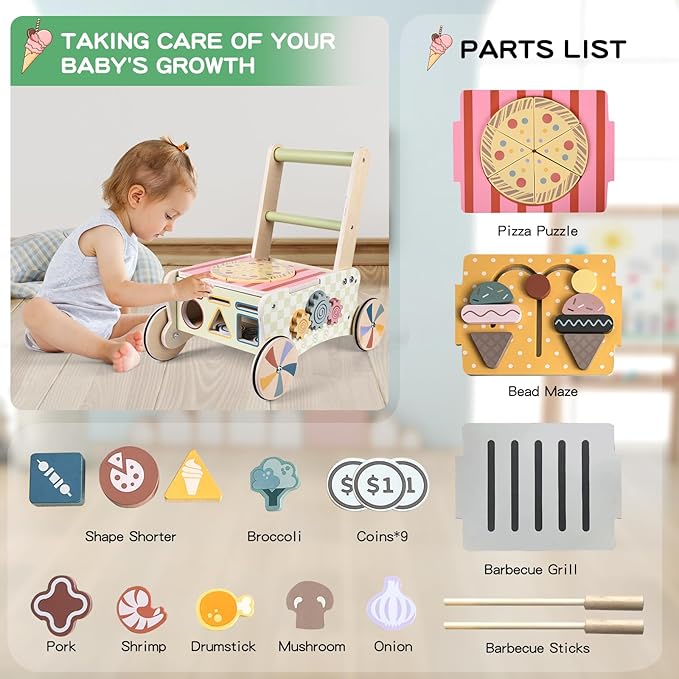 Baby Walker with Wheels Wooden Push Walker 12 Months+ Toddler Walking Toy Adjustable Speed Multiple Learning Sensory Activity Center Baby Learning to Walk Montessori Toys for 1 Year Old Girl/Boy Gift