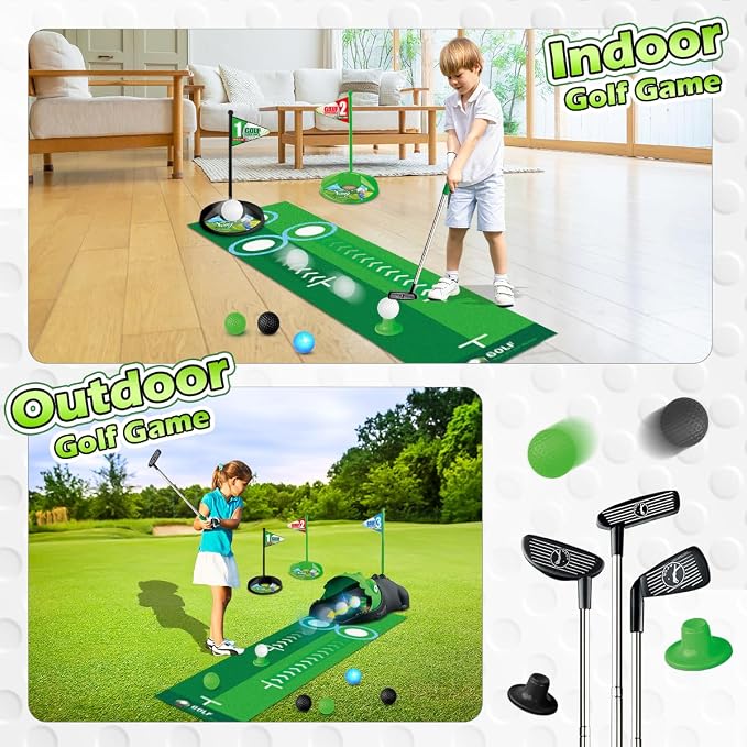 TERRAMUS Upgraded Kids Toy Golf Set with Dinosaur Automatic Golf Returner, Led Light Up Night Golf Balls, 3 Clubs, Putting Mat, 3-8 Toddler Mini Golf Games, Indoor Outdoor Sports Toys for Boys Girls