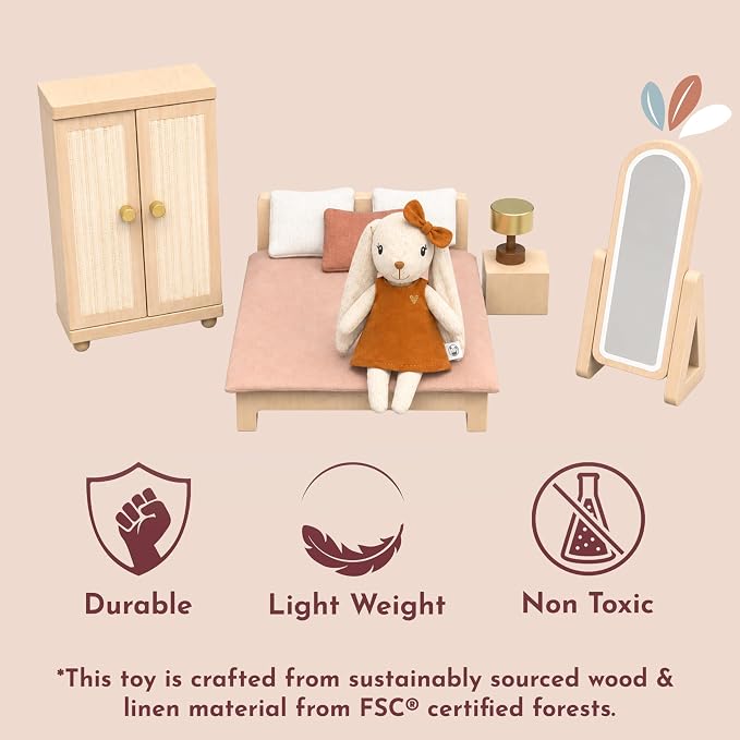 SPEEDY MONKEY Doll House Bedroom Playset – Wooden Playhouse with Bunny Character & Furnitures Set for Kids, Pretend Play Dollhouse and Imaginative Room Décor Storytelling for Toddlers & Preschoolers