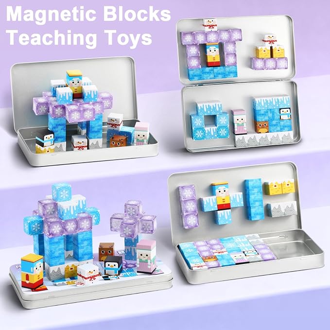 QOUBAI 45PCS Mini Magnetic Blocks Travel Toys, Magnet Building Cubes Tiles Set with Portable Iron Case, Learning Activities Gifts for Kids Toddlers Boys & Girls Ages 3-8 (Ice World)