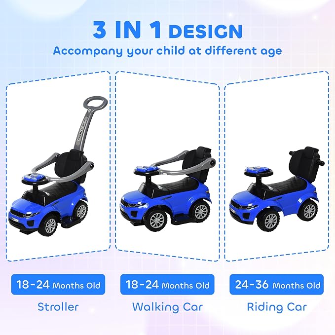Aosom 3 in 1 Push Cars for Toddlers Kid Ride on Push Car Stroller Sliding Car with Horn Music Light Function Secure Bar Ride on Toy for Boy Girl 18-36 Months, Blue