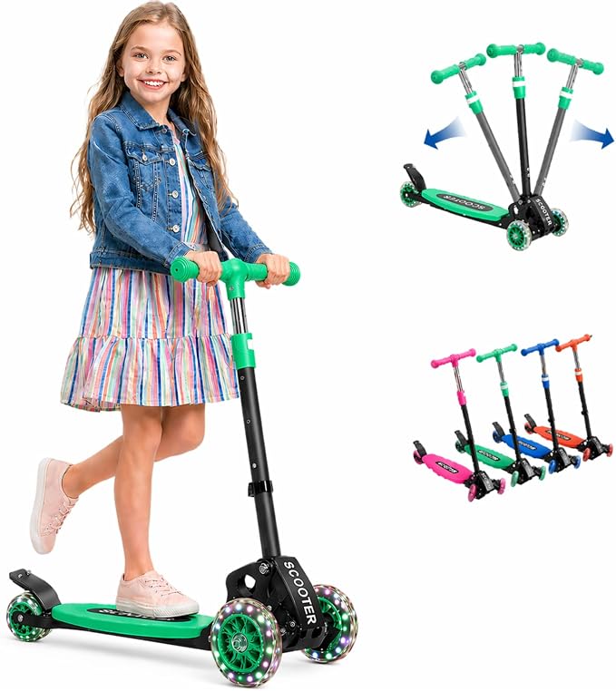 Kids Kick Scooter for 3-12,Lean-to-Steer 3 Wheel Scooter for Beginners with Light-Up Wheels,3 Adjustable Handlebar 27.5"–33",6-Inch Wide Deck,Rear Foot Brake,Foldable Scooter for Boys & Girls